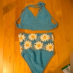 “Sunday best” brand high waisted floral blue and floral crotchet bathing suit
